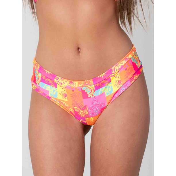 Bottom de Bikini Daikiri Mujer Calzón Pretina Ancha Sin Elasticos Patchwork Naranjo Flúor Protección UV50+