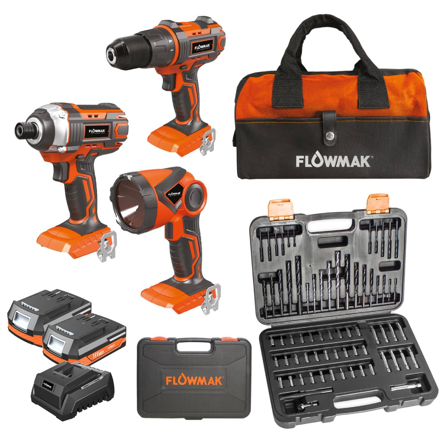 Flowmak - Kit Taladro 13mm, Atornillador Impacto Y Set Brocas 70u