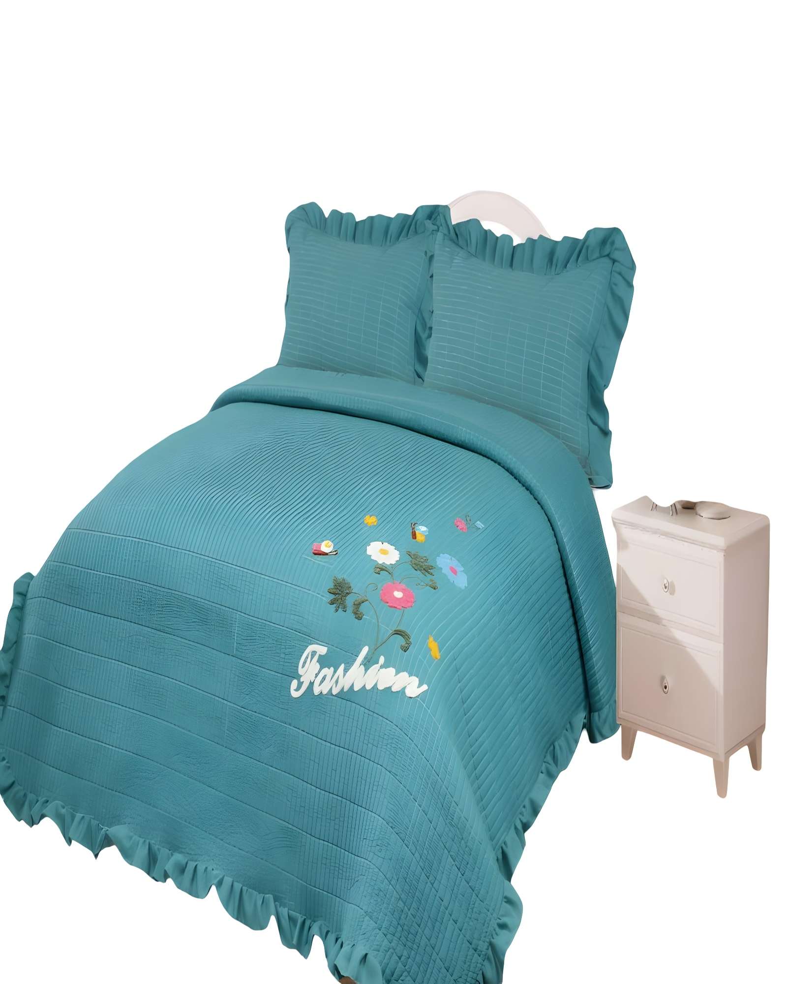Genérico - Quilt Cubrecama De Verano Con Flores Bordadas 2 Plazas Turquesa