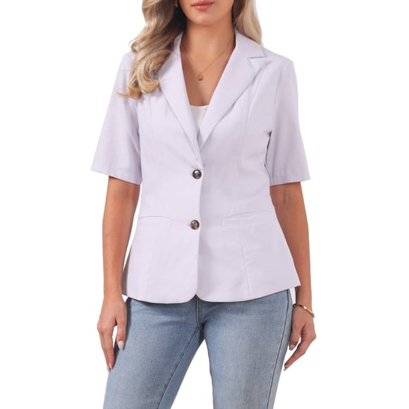 INSPIRE CHIC Blazer de algodón y lino de manga corta de verano para mujer, casual de negocios, para oficina y uso casual, S Lila