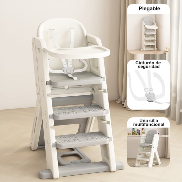 Kidscool Silla Alta Escalera Infantil Multiuso con Bandeja Plástico Crema Gris 89x53x61 cm