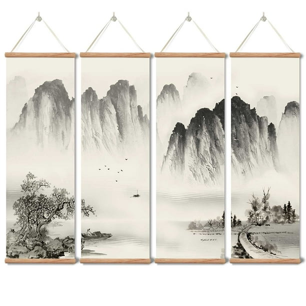 4pcs/set Landscape Canvas Paintings, Wall Art Black And White For Living Room Bedroom, Chinese Traditional Ink Decor, Posters And Prints, No Frame