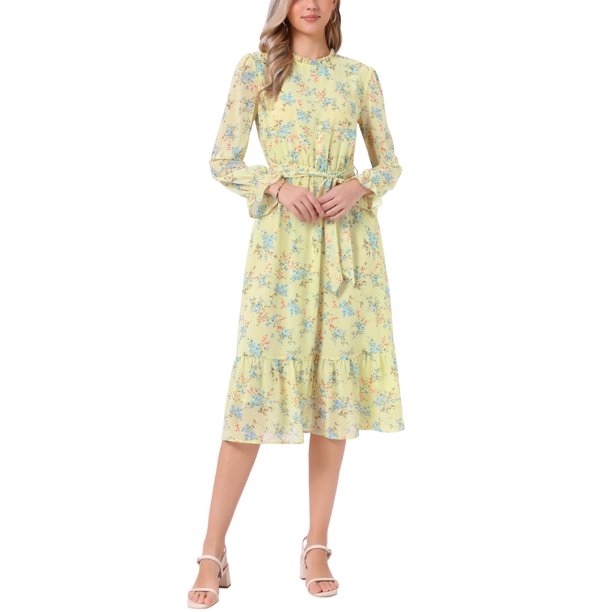 INSPIRE CHIC Vestido de Mujer Floral Cuello Simulado Volante Manga Larga Chifón Flowy Vestidos Midi Línea A Amarillo S