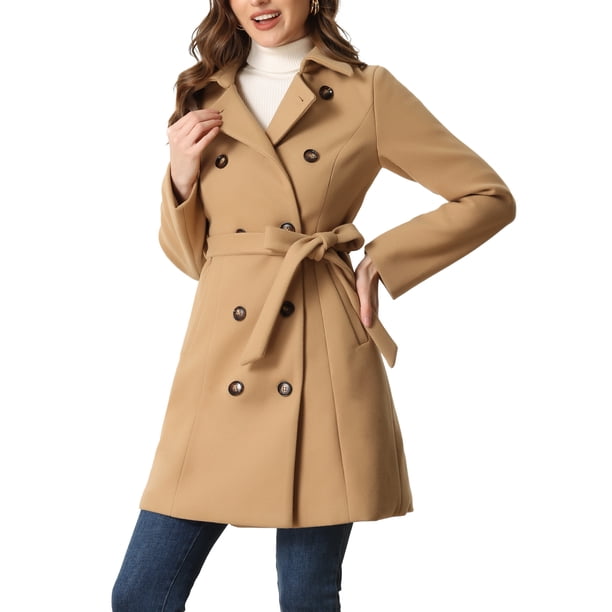 INSPIRE CHIC Abrigo de Guisante para Mujer con Cuello Peter Pan, Doble Botonadura, Bolsillo Inclinado, Botones Abajo, Abrigos de Invierno con Cinturón S Caqui