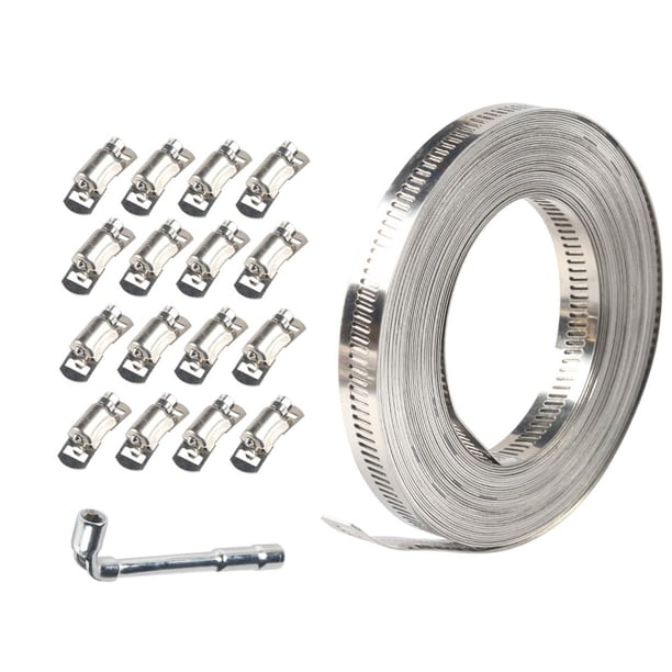 Abrazadera de manguera Clip ajustable de acero inoxidable 304, flejes de abrazadera de metal para mecánica, plomería, manguera de engranaje helicoidal 10m con 16 sujetadores