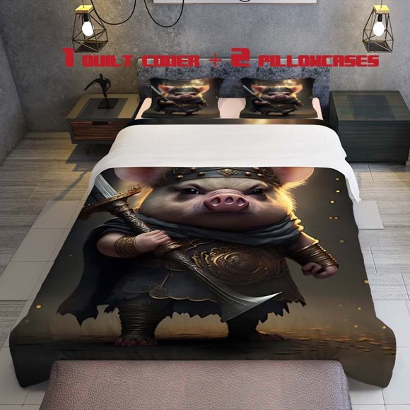 3pcs Pig Warrior Armor Sword Valiant Theme Pattern Bedding Set Duvet Cover and Pillowcase
