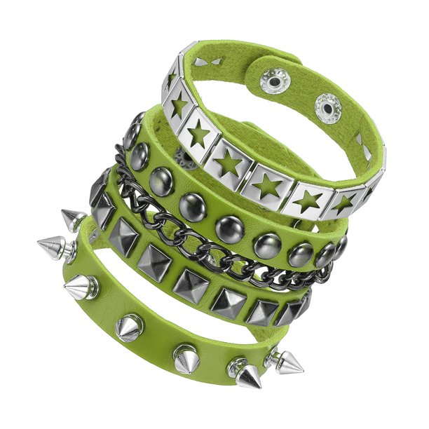 Uxcell 3Pcs Conjunto de Pulseras de Cuero con Tachuelas Rock Punk, 8.7"/22cm Muñequera Ajustable con Picos Góticos para Accesorios Emo Grunge Favoritos de Fiesta de Halloween, Verde