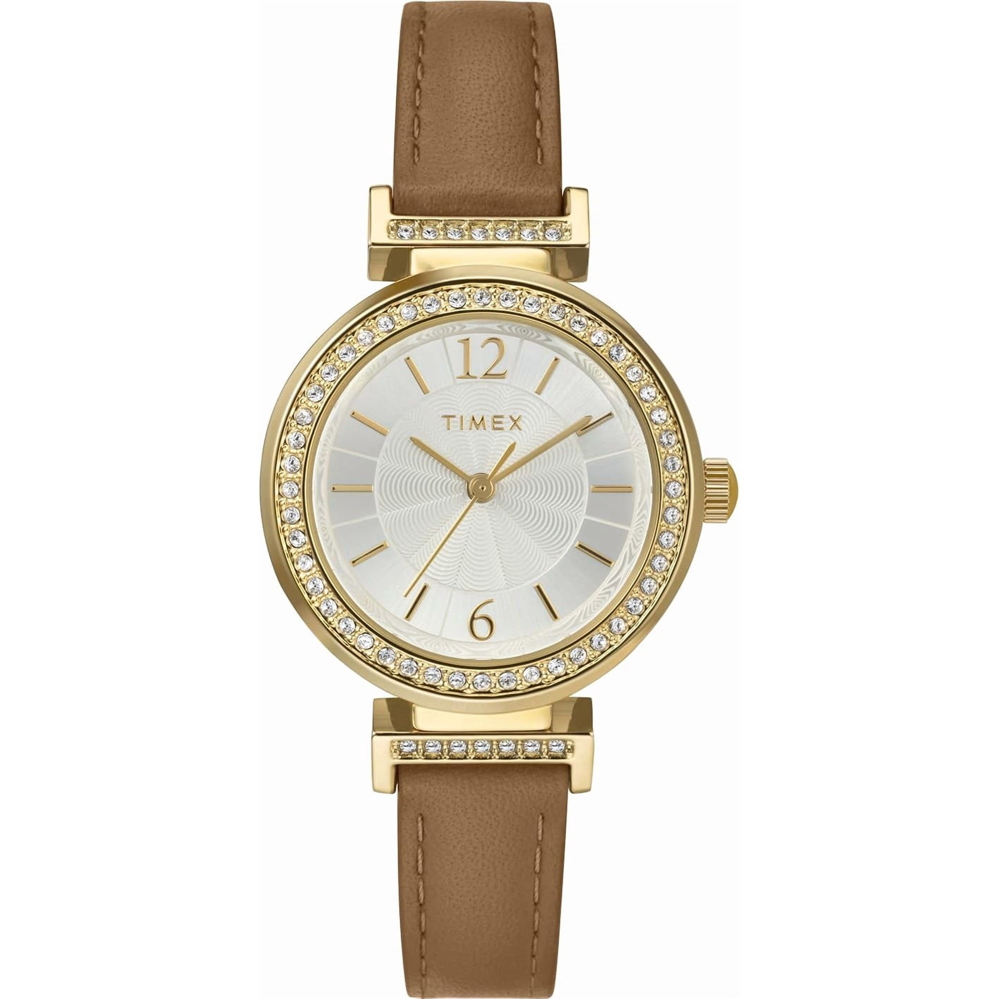 Reloj De Vestir Timex Análogo 31mm Correa Marrón Esfera Plateada Caja Dorada Mujer
