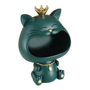 Bothyi - Cuenco Para Llaves, Escultura De Estatuilla De Gato De Resina, Cuenco De Animal De Boca Grande, Estatua De Gato De La Suerte Verde