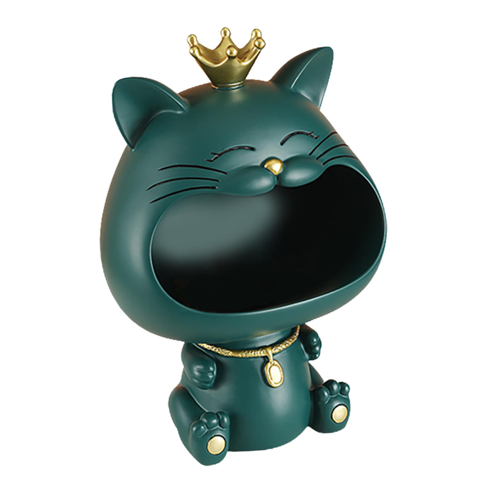 Bothyi - Cuenco Para Llaves, Escultura De Estatuilla De Gato De Resina, Cuenco De Animal De Boca Grande, Estatua De Gato De La Suerte Verde
