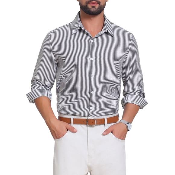 Camisa de Seersucker a Rayas de Manga Larga con Botones para Hombre INSPIRE CHIC XL Negro