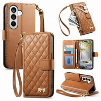 Funda Tipo Cartera Foxdock Para Samsung Galaxy S26, Estampado De Diamantes, Con Ranuras Para Tarjetas, Soporte Y Cremallera - Marrón
