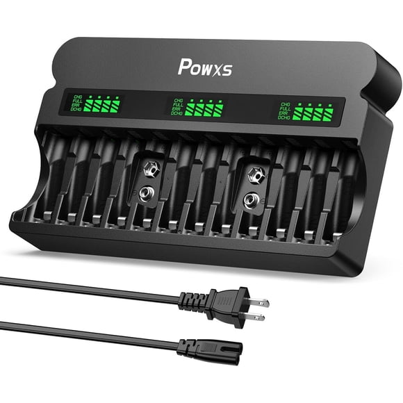 Cargador inteligente POWXS de 12 baterías AA, AAA y 9V NiMH/NiCD