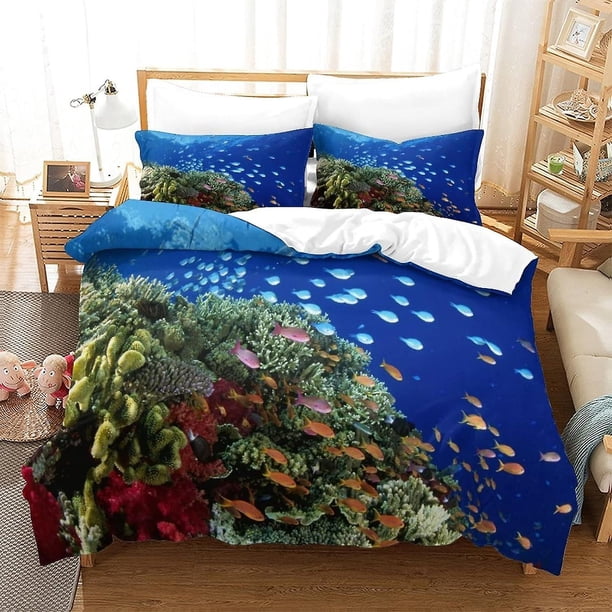 VOSILE Underwater World Juego de ropa de cama de 3 piezas suave con funda de almohada, funda nórdica con cierre de cremallera, previene alergias, apto para todo tipo de personas, funda de ed