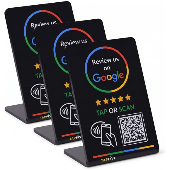Soporte para reseñas de Google TapFive Signage - Pack de 3, negro, NFC/QR