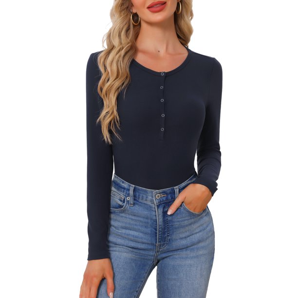 INSPIRE CHIC Camiseta de Pijama de Manga Larga para Mujer Henley, Camiseta de Descanso de Tela Suave y Elástica con Tapeta de Botones a Presión y Cuello Redondo, L Azul