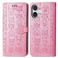 Funda Cartera Foxdock Para Iphone 16 , Flip Pu Con Relieve De Gatos Y Perros, Tarjetero Y Soporte
