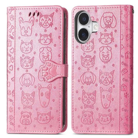 Funda Cartera Foxdock Para Iphone 16 , Flip Pu Con Relieve De Gatos Y Perros, Tarjetero Y Soporte