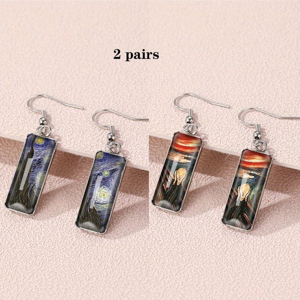 Vintage Van Gogh Painting Glass Drop Dangle Earrings Artist Delicate Decor For Women Girls 1Pair
