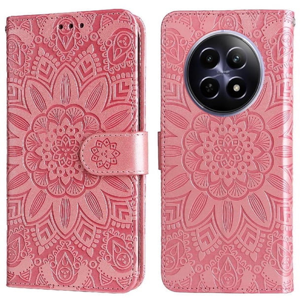 Funda tipo cartera FOXDOCK para Realme 13 5G , diseño girasol en relieve, cuero PU, cierre magnético, soporte y tarjetero