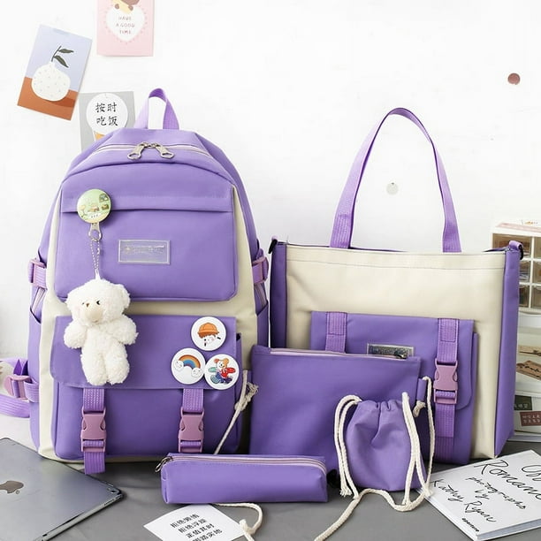 5 Piece Set School Bags For Teenage Backpack Female Girls Canvas Solid Color Women Teen Student Schoolbag