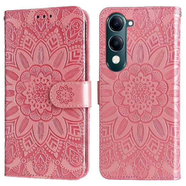 Funda tipo cartera FOXDOCK para Vivo Y29s 5G , diseño girasol en relieve, cuero PU, cierre magnético, soporte y tarjetero
