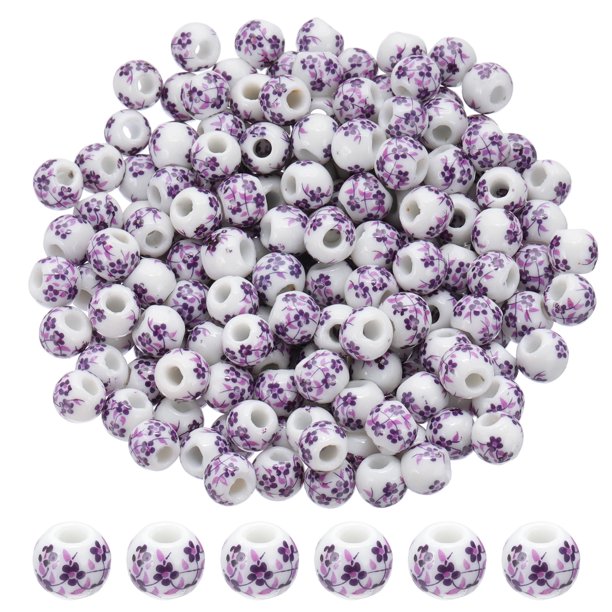 Uxcell 200 Pcs Cuentas de Porcelana, Cuentas de Cerámica Impresas de 8mm Cuentas Redondas de Flores Cuentas Separadoras Hechas a Mano para Hacer Joyas Aretes Collar Manualidades DIY, Púrpura