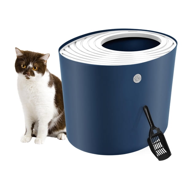 Caja de arena para gatos IRIS USA, entrada superior con cuchara, azul marino y blanco