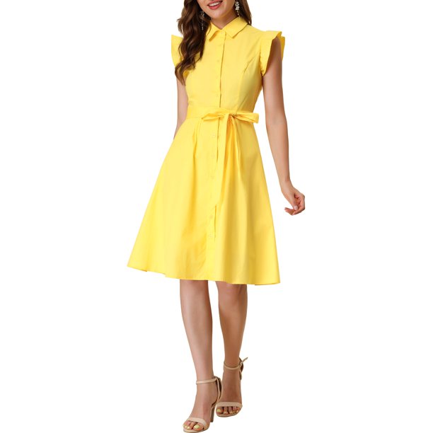 INSPIRE CHIC Vestido Camisero para Mujer Regreso a Clases Mangas Cortas Cuello en Punta Cinturón Botones Vestido Medio Amarillo M