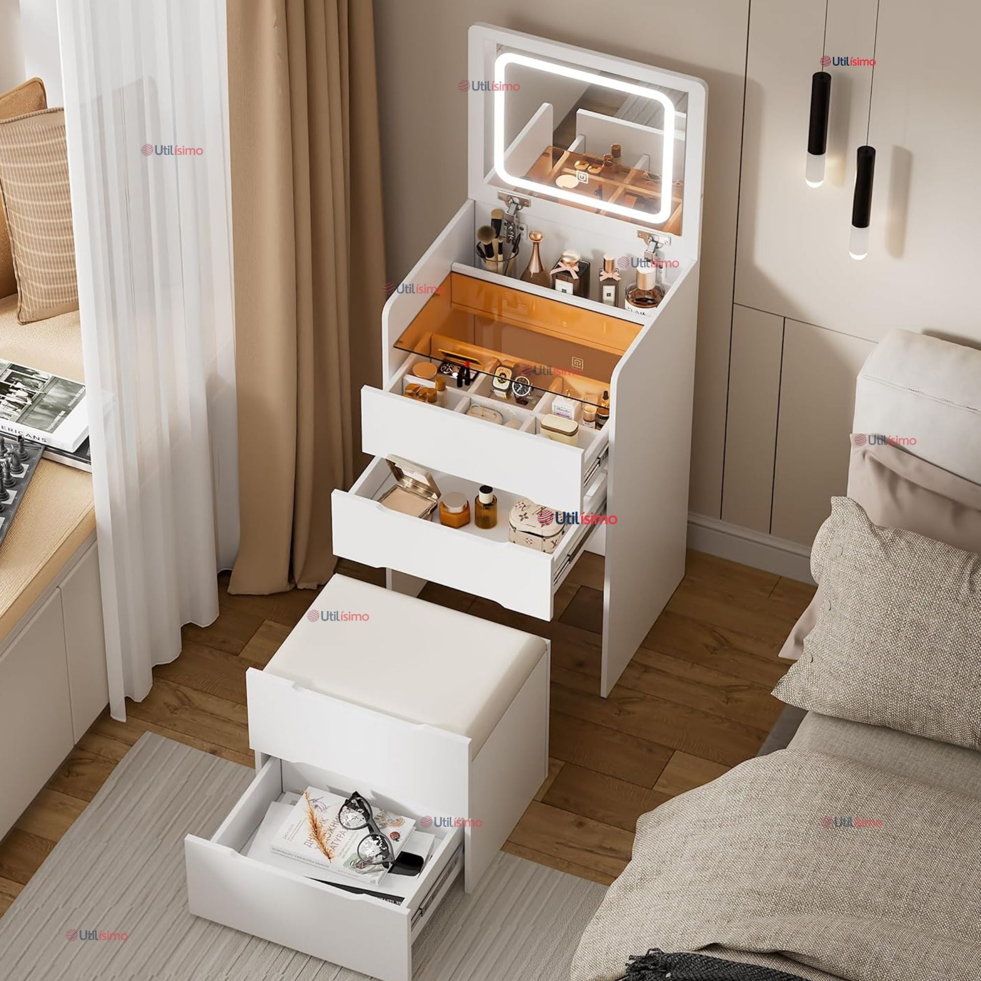 Line - Tocador De Lujo Plegable Con Taburete Y Espejo De Luz Ajustable 4 Cajones Mdf Blanco 80x40x40cm