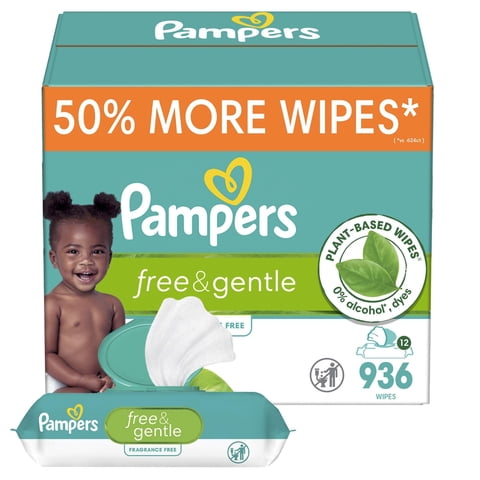 Toallitas Pampers Free & Gentle 936 Para Bebés, 12 Paquetes Con Tapa Abatible
