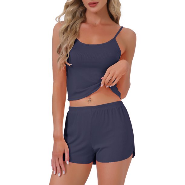 INSPIRE CHIC Conjunto de Pijama para Mujer de Punto Acanalado Cami Sin Mangas con Cuello Cuadrado y Pantalones Cortos con Abertura Ropa de Dormir Conjuntos de Salón XL Azul Marino