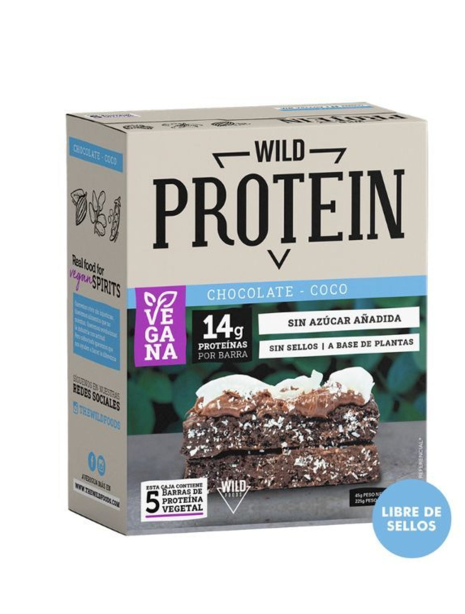 Barra Proteína Vegana Chocolate Coco 5 Un 225 g Wild Protein