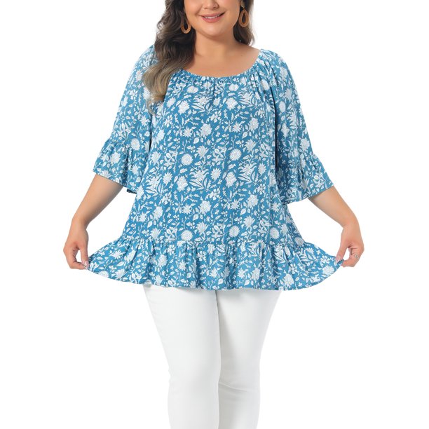 Agnes Orinda Blusa de Verano para Mujer Talla Grande con Volantes Florales en el Dobladillo, Cuello Redondo, Hombros Descubiertos, Manga Corta, Camiseta 2X Azul