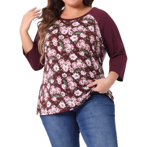 GRACIA Y GRANDEZA Disfraces de Halloween Blusa Floral para Mujer Tallas Grandes Cuello Redondo Manga 3/4 Raglán Top Casual Campesino 1X Burdeos