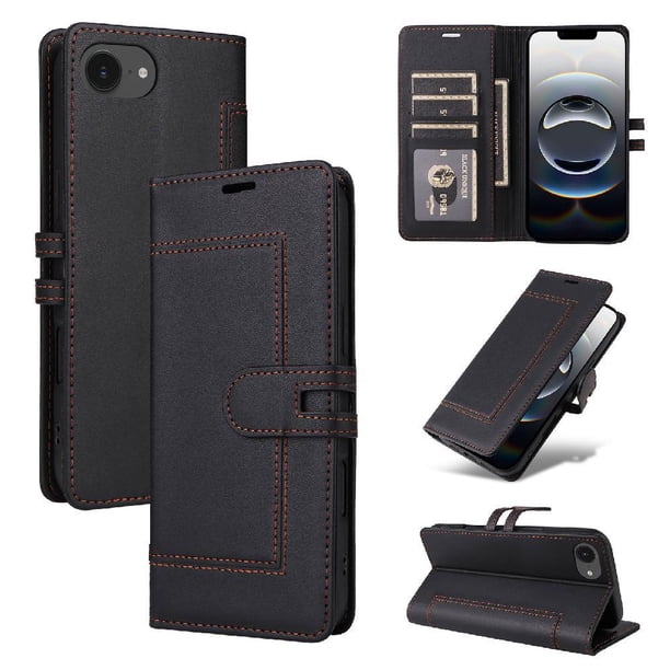 Premium Wallet Case for iPhone 16e with Card Slots & Kickstand, Flip Cover Black