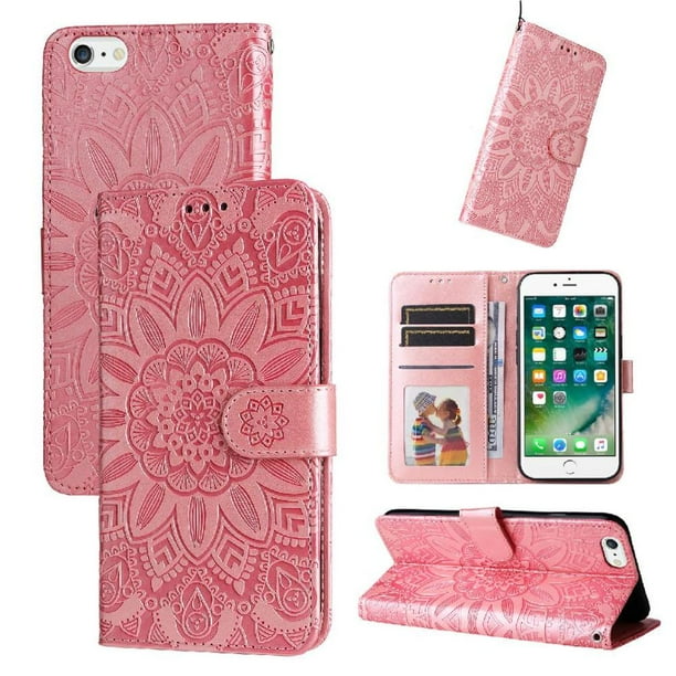 Funda tipo cartera FOXDOCK para iPhone 6/6s , diseño girasol en relieve, cuero PU, cierre magnético, soporte y tarjetero