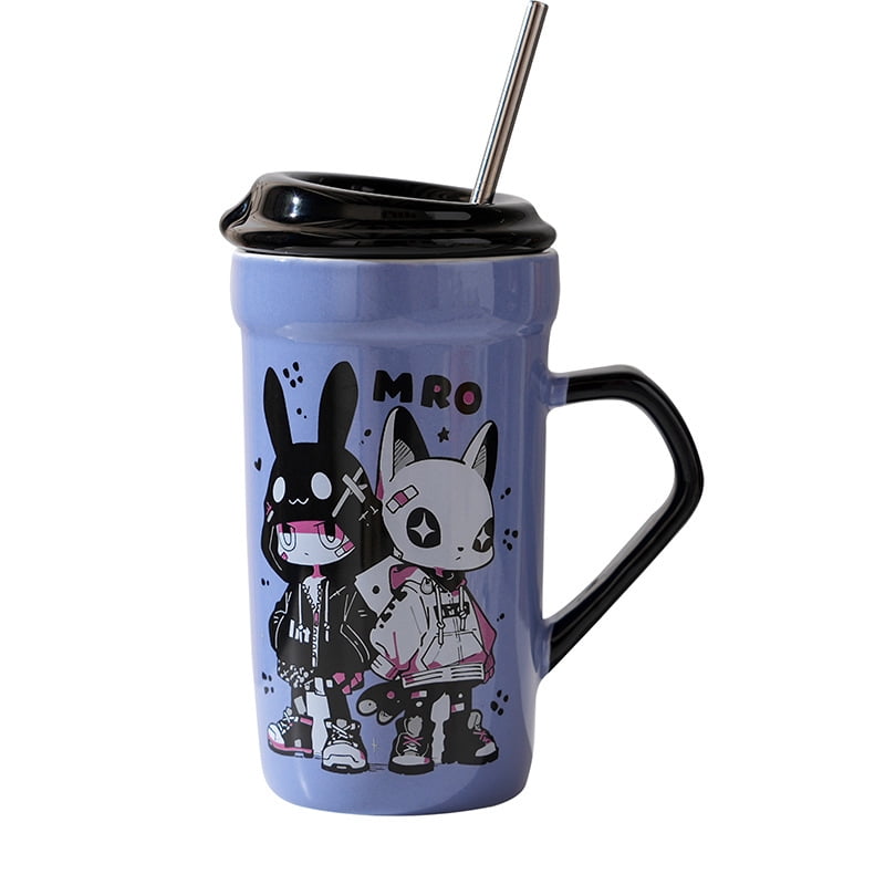 El Edén - Mug De Cerámica, Con Tapa Y Bombilla, Kawaii 470 Ml Color Celeste