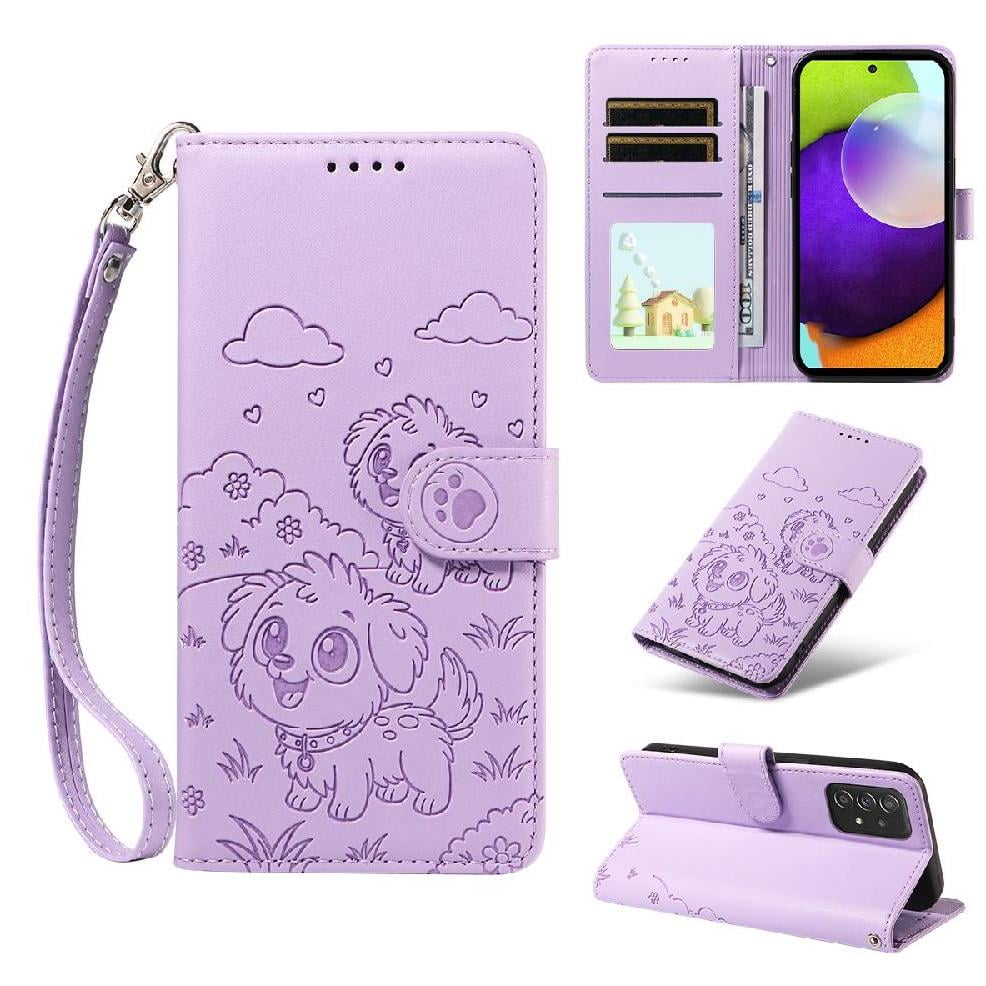 Foxdock - Funda Cartera Para Samsung Galaxy A52/a52s Perro Cachorro Grabado Con Tarjetas Soporte Correa Morado