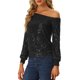 thumbnail image 4 of INSPIRE CHIC Tops de Lentejuelas de Hombro Descubierto para Mujeres de Manga Larga Fiesta Disco Brillo Glitter Top XS Negro, 4 of 6