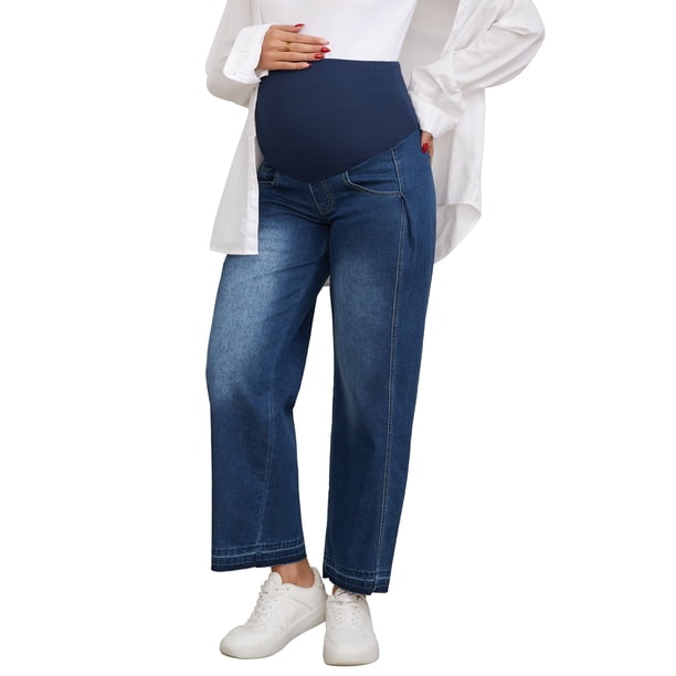 INSPIRE CHIC Pantalones de Maternidad para Mujeres de Pierna Ancha Sobre el Vientre Soporte Suelto Recto Pantalones de Mezclilla de Embarazo con Bolsillos 2XL Azul Oscuro