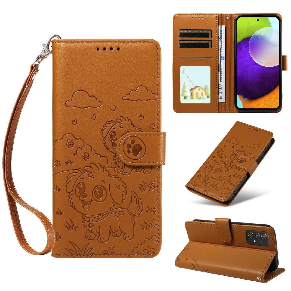 Foxdock - Funda Cartera Para Samsung Galaxy A52/a52s Perro Cachorro Grabado Con Tarjetas Soporte Correa Marrón