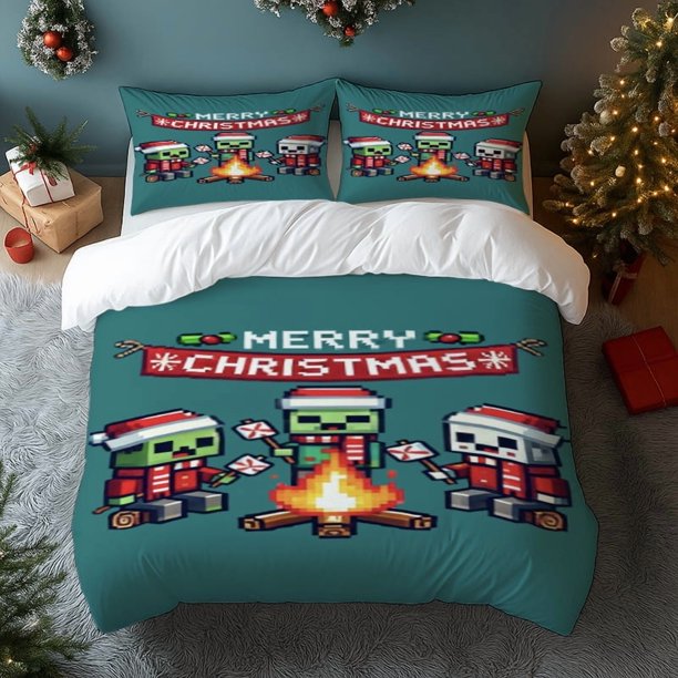 3pcs MINE-C Pixel Christmas Party Themed Print Polyester Bedding Set All-Season Use