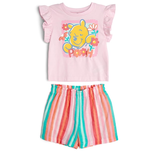 Conjunto de atuendo: camiseta de Winnie the Pooh de Disney y pantalones cortos de gasa 2T para niña