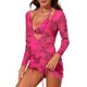 thumbnail image 5 of INSPIRE CHIC Conjunto de Bikini de 3 Piezas para Mujer con Cobertura de Malla de Manga Larga, Traje de Baño de Triángulo con Lazo Lateral y Túnica de Playa Fruncida Rojo Rosa Púrpura Mediano, 5 of 6