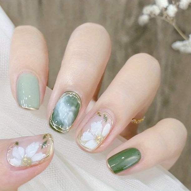 Press On Nails Short Square Glossy Fake Nails Full Cover False Nails Camellia Flowers Stick On Nails With Golden Line Nail Tip Fake Nails Glue On Nails White Swirl Acrylic Nails For Women And Girls 24