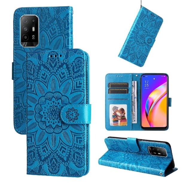Funda tipo cartera FOXDOCK para OPPO A95 5G , diseño girasol en relieve, cuero PU, cierre magnético, soporte y tarjetero