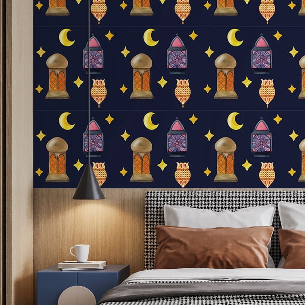 1 Roll Ramadan Wall Sticker Cartoon Lantern Moon Thickened Wallpaper Waterproof Moistureproof Lantern Decoration Star Moon Kitchen Wall Sticker 47.24x11.81inches