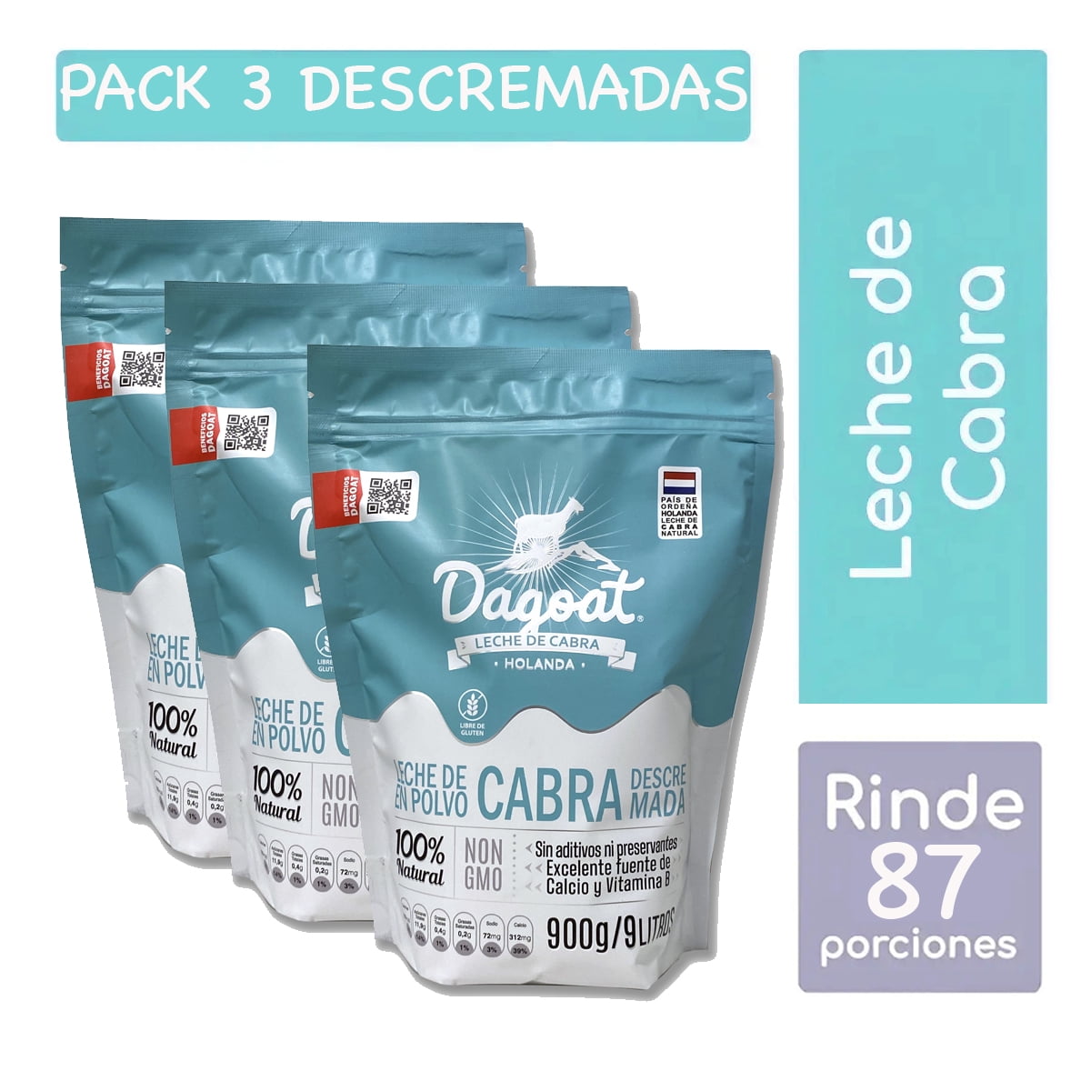 Pack Leche De Cabra En Polvo Descremada 900grs Dagoat X 3