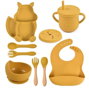 Veat00L - Platos Para Bebe Silicon,9 Pcs Vajilla Para Niños De Silicona De Grado Alimenticio,Tazas Con Pajitas, Cubierta De Merienda,Cucharas Y Tenedores,Baberos,Fácil De Limpiar, Apto Para Microondas